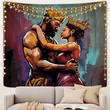 SARA NELL Black Couple Tapestry African American Couple Lovers Oil Painting Tapestries African King and Queen Wall Art Hippie Bedroom Living Room Dorm Wall Hanging Throw Bedspread, 50"x60"