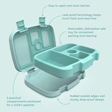 Bentgo Kids Bento-Style 5-Compartment Leak-Proof Lunch Box - Ideal Portion Sizes for Ages 3 to 7 - Durable, Drop-Proof, Dishwasher Safe, BPA-Free, & Made with Food-Safe Materials (Seafoam)