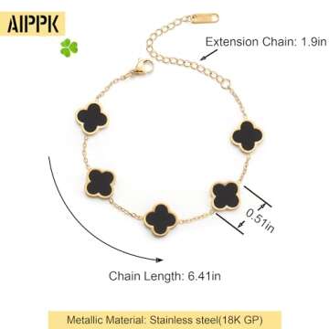 AIPPK 18K Gold Plated Clover Lucky Bracelet Van Cleef Bracelet Dupes for Women Black Flower Four Leaf Bracelets Trendy Jewelry Gifts for Women