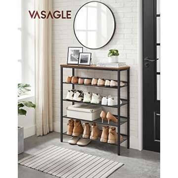 VASAGLE Shoe Rack for Entryway, 5-Tier Shoe Rack Organizer with Storage Shelves and Spacious Top, Freestanding, Adjustable, Industrial, Rustic Brown and Ink Black ULBS038B01