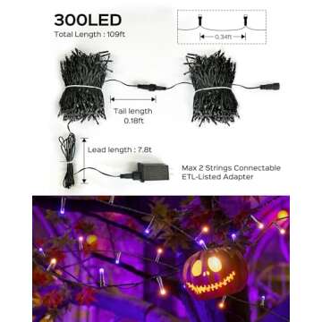 JACKYLED 300LED Purple & Orange Halloween Lights, 109FT Outdoor String Lights Connectable, Memory Function, 8 Modes Indoor Halloween Decorations for Party Carnival Supplies, Outdoor Yard Garden Decor