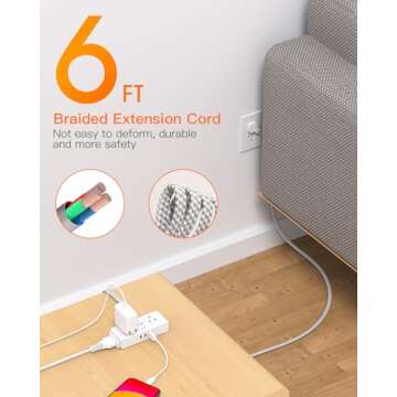 Flat Extension Cord 6 feet, Flat Plug Power Strip, 4 Widely Outlets with 3 USB Ports (2 USB C), 3 Side Outlet Extender with Extension Cord with Multiple Outlets for Home, Office, Dorm Room Essentials