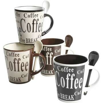 Mr. Coffee Bareggio Mug and Spoon Set, Café Americano, 8-Piece Mug and Spoon Set (14oz)