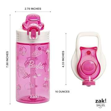 Zak Designs Sage Barbie Water Bottle For School or Travel, 16oz Durable Plastic Water Bottle With Straw, Handle, and Leak-Proof, Pop-Up Spout Cover (Barbie)