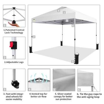 CROWN SHADES 10x10 Pop Up Canopy - Beach Tent with One Push Setup - Easy Outdoor Sun Shade for Events, Parties, Camping - Gazebo with STO-N-Go Cover Bag, Silver Coated Top, White