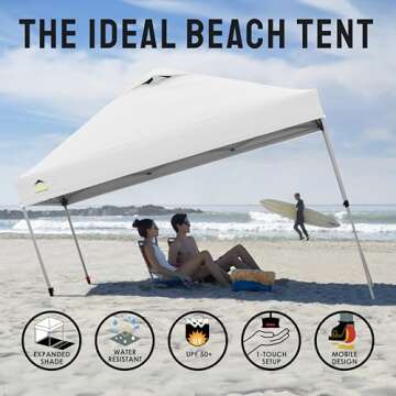 CROWN SHADES 10x10 Pop Up Canopy - Beach Tent with One Push Setup - Easy Outdoor Sun Shade for Events, Parties, Camping - Gazebo with STO-N-Go Cover Bag, Silver Coated Top, White