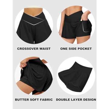 FireSwan Crossover Athletic Shorts for Women 2 in 1 Flowy Running Shorts with Pockets Spandex Butterfly Workout Tennis Skorts Black