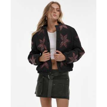 Gacaky Women's Lightweight Floral Embroidered Cropped Quilted Jacket Winter Warm Button Down Puffer Jacket Coat with Pockets Black M