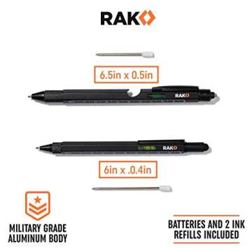 RAK Multitool Pen 2-Pack - Multi-Tool Pens with LED Light, Flathead & Phillips Screwdrivers, Level, Ruler, Bottle Opener, and Stylus. Gift-Ready Box with Ink Refills & Batteries. Great for EDC.