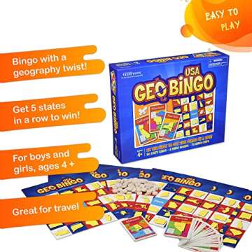 GeoToys GeoBingo, USA Bingo for Kids, Geography Game for Home, School or Camp - Classic Bingo Games for Family, Play & Learn States and Capitals of the USA, Bingo Game for Kids Ages 4 and Up