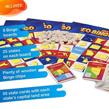 GeoToys GeoBingo, USA Bingo for Kids, Geography Game for Home, School or Camp - Classic Bingo Games for Family, Play & Learn States and Capitals of the USA, Bingo Game for Kids Ages 4 and Up