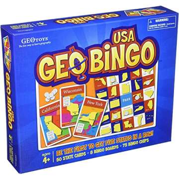 GeoToys GeoBingo, USA Bingo for Kids, Geography Game for Home, School or Camp - Classic Bingo Games for Family, Play & Learn States and Capitals of the USA, Bingo Game for Kids Ages 4 and Up