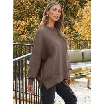 LILLUSORY Women's Oversized Batwing Sweaters 2024 Fall Outfits Crewneck Ribbed Knit Side Slit Trendy Pullover Tops Nutmeg M