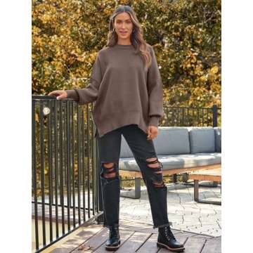 LILLUSORY Women's Oversized Batwing Sweaters 2024 Fall Outfits Crewneck Ribbed Knit Side Slit Trendy Pullover Tops Nutmeg M