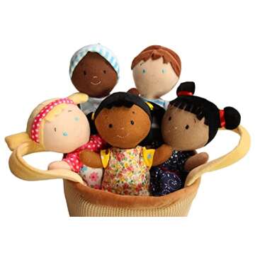 Snuggle Stuffs Basket of Buddies 8" Plush Diversity Dolls | Toddler Dolls | Preschool Dolls | Multicultural Dolls | Set of 5