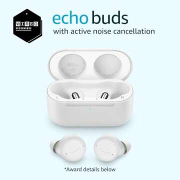 Amazon Echo Buds with Active Noise Cancellation (newest model), Wired charging case, Glacier White