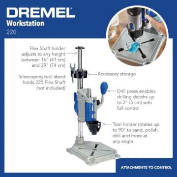 Dremel Drill Press Rotary Tool Workstation Stand with Wrench - Mini Portable Press & Tool Holder - 2 Inch Depth- Ideal for Drilling Perpendicular and Angled Holes - 220-01