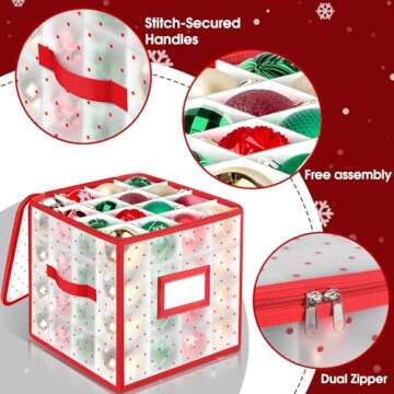 BlessedSeason Christmas Ornament Storage Box with Adjustable Dividers, Store up to 64 of 3-inch or 36 4-inch Christmas Ornaments, Plastic Xmas Ornaments Storage with Zippered Closure & Two Handles