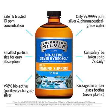 Sovereign Silver Bio-Active Silver Hydrosol for Immune Support - Colloidal Silver Liquid -10 ppm, 32oz (946mL)