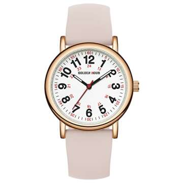 GOLDEN HOUR Waterproof Nurse Watch for Medical Professionals, Students Women Men - Military Time Luminouse Easy Read Dial, 24 Hour with Second Hand, Colorful Silicone Band in Rose Gold Champagne