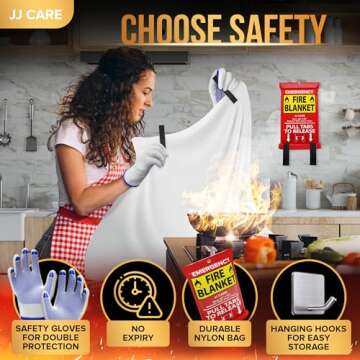 JJ CARE Fire Blanket – 2 Packs with Hooks and Gloves – Emergency Fire Blanket for Home & Kitchen, High Heat Resistant Fire Suppression Blankets for Home Safety, Kitchen, and Camping