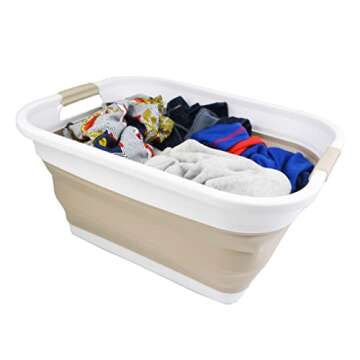 SAMMART 36L (9.5 gallon) Collapsible Plastic Laundry Basket - Foldable Pop Up Storage Container/Organizer - Portable Washing Tub - Space Saving Hamper/Basket (White/Latte (Set of 2))