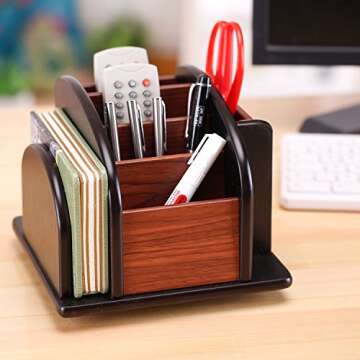 MyGift Deluxe Two-Color Wood Desktop Caddy, Rotating Office Desk Supplies Organizer Rack and Mail Holder with 6 Storage Compartments, Living Room Remote Control Holder, Brown/Black