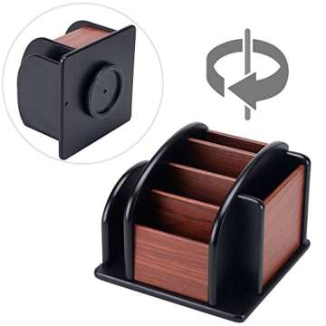 MyGift Deluxe Two-Color Wood Desktop Caddy, Rotating Office Desk Supplies Organizer Rack and Mail Holder with 6 Storage Compartments, Living Room Remote Control Holder, Brown/Black