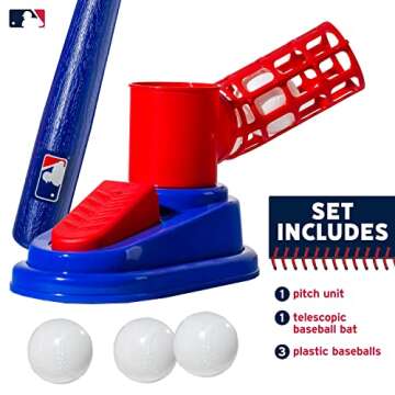 Franklin Sports Kids Baseball Pitching Machine - Pop A Pitch Baseball Batting Machine with Youth Bat + 3 Plastic Baseballs - Boys + Girls Baseball Toy,Red/Blue