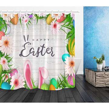 LB Happy Easter Shower Curtain Set Easter Eggs Spring Flowers Bunny Ears Rustic Barn Wood Shower Curtains for Bathroom with Hooks 72x72 inch Waterproof Polyester Fabric Bathroom Decorations