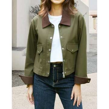 YEXPINE Women's Casual Cropped Jackets Lightweight Utility Anorak Coat Cotton Military Jacket