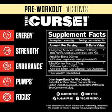 JNX SPORTS The Curse! Pre Workout Powder - Pina Colada 50 Servings | Preworkout: Boost Strength, Energy + Focus for Men & Women | Caffeine, Beta-Alanine, Creatine & L-Citrulline