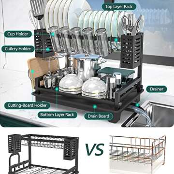 B-Land Dish Drying Rack: 2 Tier Dish Racks for Kitchen Counter and Sink - Large Dish Drying Rack with Drainboard & Utensil Holders - Stainless Steel Dish Drainers Kitchen Organization and Storage
