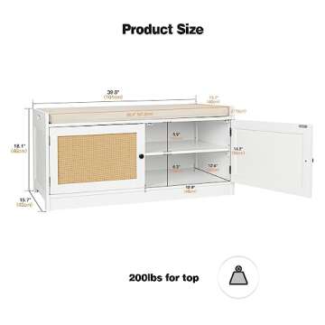 Anmytek Rattan Shoe Bench, Entryway Bench with Shoe Storage Wooden Shoe Rack Bench with Cushion Seat & Adjustable Shelves, Storage Bench for Entryway White (39.8" W X 15.7" D X 18" H)