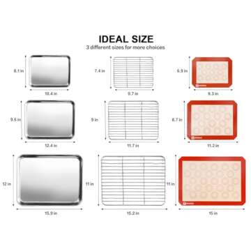 Stainless Steel Baking Sheet Tray Cooling Rack with Silicone Baking Mat Set, Cookie Pan with Cooling Rack, Set of 9 (3 Sheets + 3 Racks + 3 Mats), 10/12/16 Inch, Easy Clean