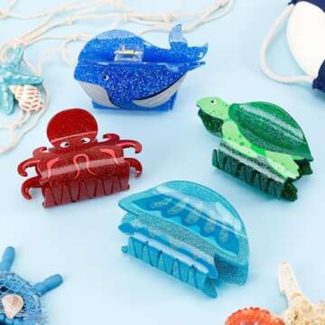 4PCS Sea Animals Hair Claw Clips for Women Girls Large Ocean Hair Clip Marine Life Turtle Whale Octopus Jellyfish Beach Hair Accessories with Sturdy Grip Keep Hairstyle for Thick or Thin Hair