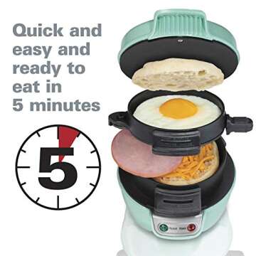 Hamilton Beach Breakfast Sandwich Maker with Egg Cooker Ring, Customize Ingredients, Perfect for English Muffins, Croissants, Mini Waffles, Perfect White Elephant Gifts, Mint (25482)