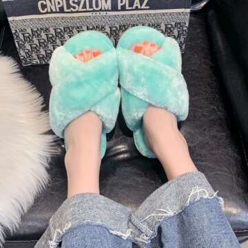 Crazy Lady Women's Fuzzy Fluffy House Slippers Cute Plush Memory Foam Shoes Cross Band Indoor Outdoor Open Toe Sandals(06/Mint, 8.5-9.5)