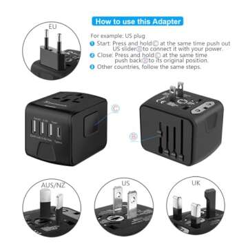 SAUNORCH Universal International Travel Power Adapter W/High Speed 2.4A USB, 3.0A Type-C Wall Charger, European Adapter, Worldwide AC Outlet Plugs Adapters for Europe, UK, US, AU, Asia-Black