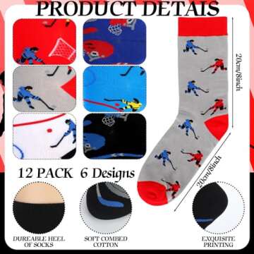 Xaatren 12 Pairs of Soccer Baseball Hockey Basketball Softball Socks Novelty Socks Sports Novelty Gifts(Medium,Hockey)