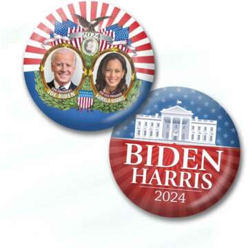 Joe Biden Kamala Harris 2024 Buttons - 4-Pack Campaign Pins Jugate, White House, Photo Designs 7285