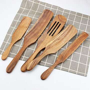 Wooden Cooking Utensils, Wooden Spatulas Set As Seen On TV, AOOSY 5 Pcs Natural Acacia Wood Spurtle Kitchen Tools Utensil Set Heat Resistant Non Stick Wood Cookware, Slotted Spatula for Stirring