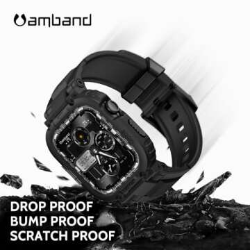 amBand Bands Case Compatible with Apple Watch Series 10 46mm for Men, M1 Sport Rugged Heavy Duty Cover Tactical Strap Military Grade Protective Bumper Protector for iWatch 46 mm Men, Black