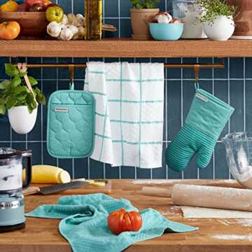 KITCHENAID Quilted Cotton Terry Cloth Oven Mitt, Pot Holder, Kitchen Towel 4-Pack Set, Heat Resistant, Silicone Grip, Gift Set, Aqua Sky, 16"x26", 7"x13" & 7"x10"