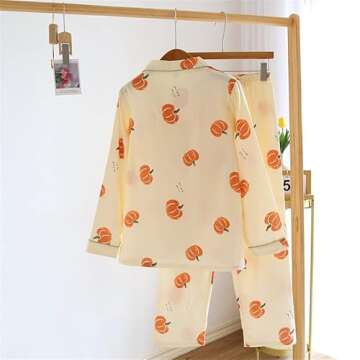 Shanghai Story Pumpkin Print Pajamas Long Sleeve Sleepwear Button Down Pj Sets Loungewear Set Size M Yellow