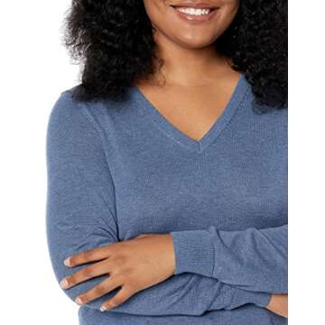 Amazon Essentials Women's Classic-Fit Lightweight Long-Sleeve V-Neck Sweater (Available in Plus Size), Blue Heather, Medium