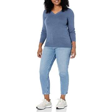 Amazon Essentials Women's Classic-Fit Lightweight Long-Sleeve V-Neck Sweater (Available in Plus Size), Blue Heather, Medium