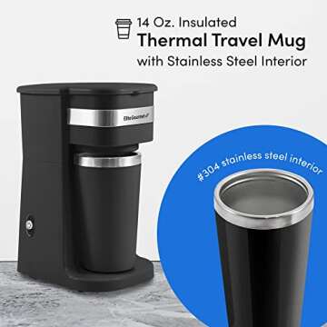 Elite Gourmet EHC114 Personal Single-Serve Compact Coffee Maker Brewer Includes 14Oz. Thermal Travel Mug with Stainless Steel Interior, Compatible with Coffee Grounds, Reusable Filter, Black