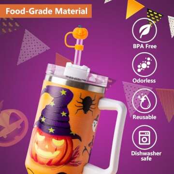 6Pcs Halloween Straw Cover Cap for Stanley Cup 40oz/30oz Tumbler, 10mm Reusable Cute Ghost Drinking Straw Topper Accessories, Portable Protector Plugs Decorations Gifts for Party Halloween