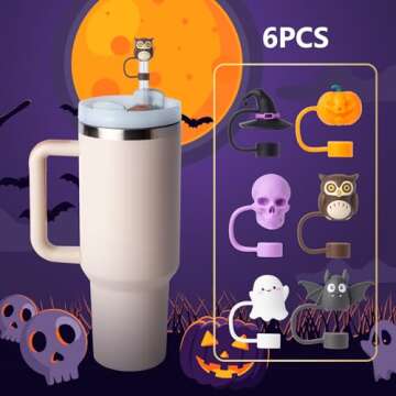 6Pcs Halloween Straw Cover Cap for Stanley Cup 40oz/30oz Tumbler, 10mm Reusable Cute Ghost Drinking Straw Topper Accessories, Portable Protector Plugs Decorations Gifts for Party Halloween